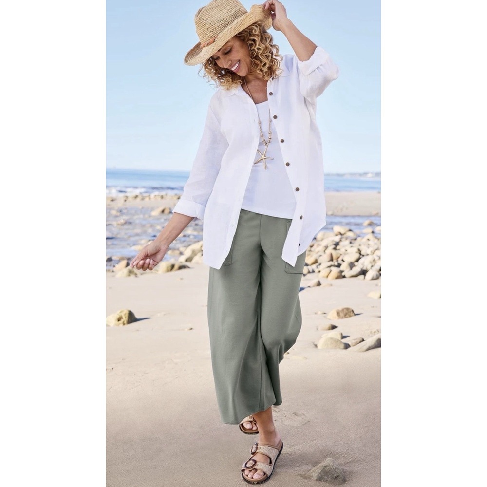 Soft Surroundings Cropped Pants L Knit Sage Green Wide Leg Elastic Comfort